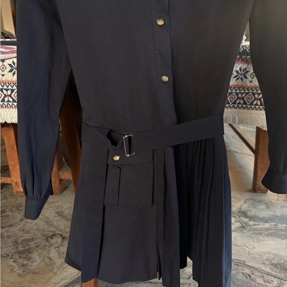 Zara Navy Blue Girls 13-14 Chunky Beltt Pleated Long Sleeve Button Mini Dress